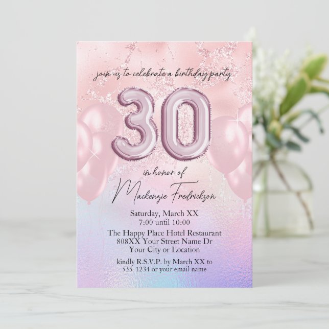 30th Birthday Balloons on Holographic and Pink Invitation (Standing Front)