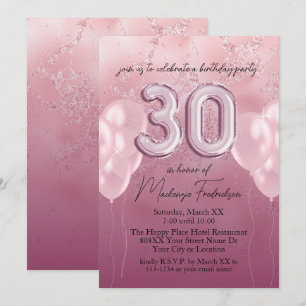 30th Birthday Balloons on Pink Glitter Marble Invitation