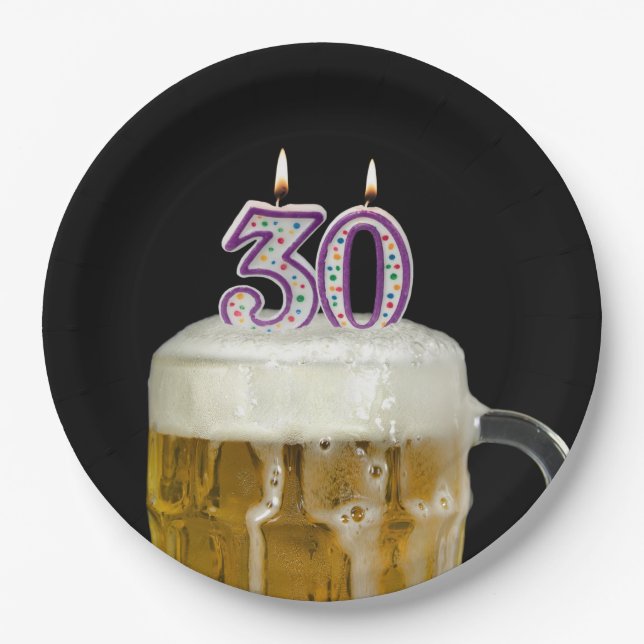30th Birthday Beer on black Paper Plate (Front)