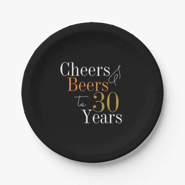 30th Birthday Beers and Cheers Black Gold Party Paper Plate (Front)