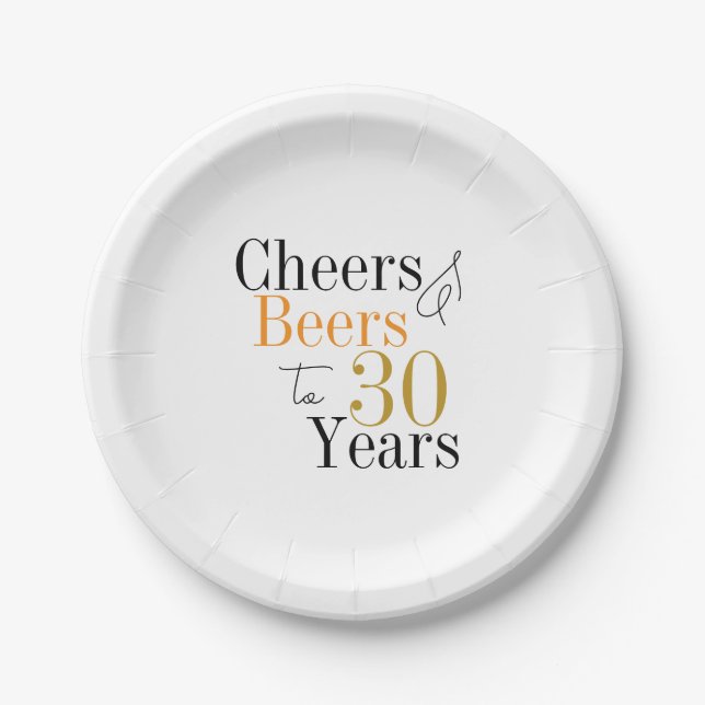 30th Birthday Beers and Cheers Minimal Party Paper Plate (Front)