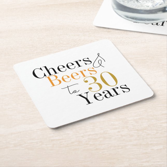 30th Birthday Beers and Cheers Minimal Party Square Paper Coaster (Angled)