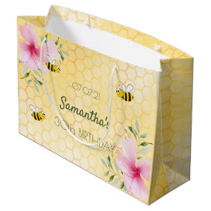 30th birthday bees yellow honeycomb pink florals large gift bag