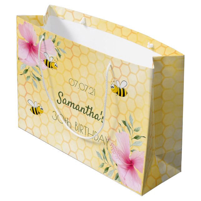 30th birthday bees yellow honeycomb pink florals large gift bag (Back Angled)
