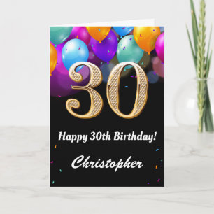 30th Birthday Black and Gold Colourful Balloons Card
