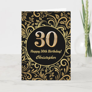 30th Birthday Black and Gold Floral Pattern Card