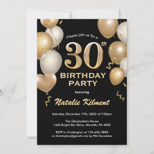 30th Birthday Black and Gold Glitter Balloons Invitation