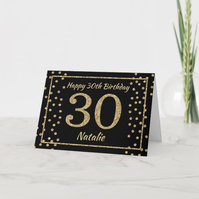 30th Birthday Black and Gold Glitter Confetti Card (Front)