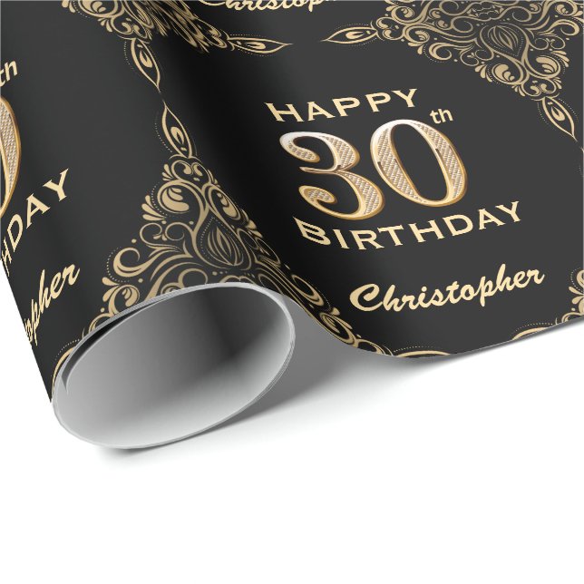 30th Birthday Black and Gold Glitter Frame Wrapping Paper (Roll Corner)