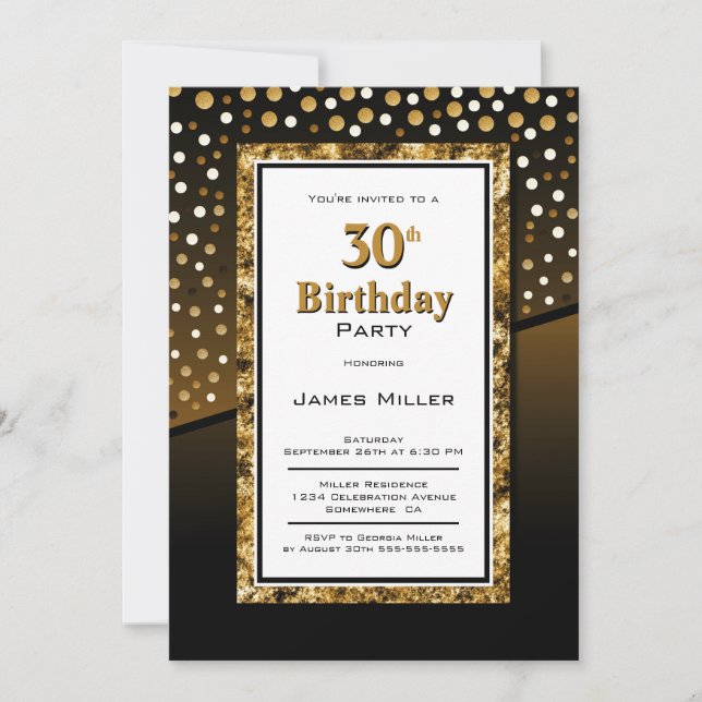 30th Birthday Black and Gold Invitation (Front)