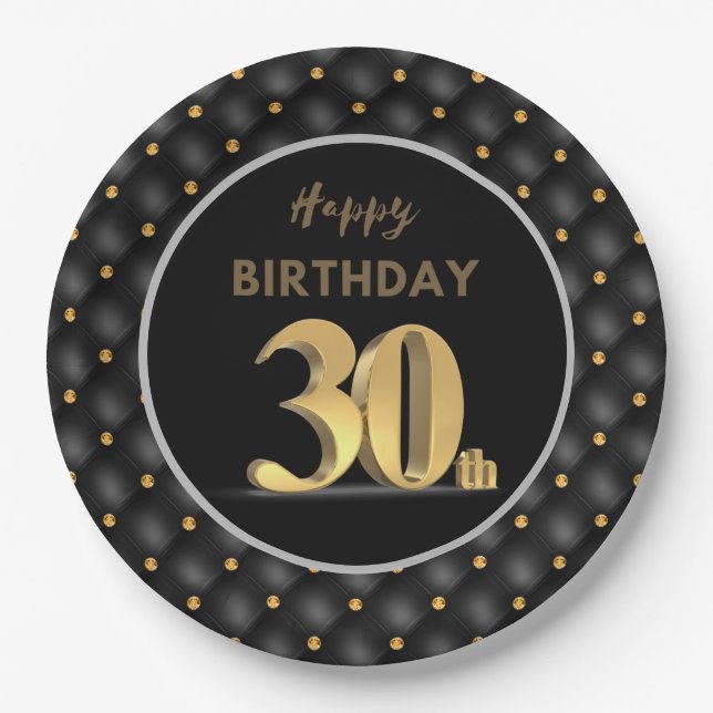 30th Birthday Black and Gold  Paper Plate (Front)