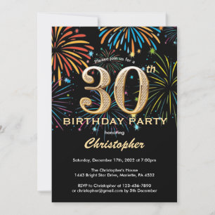 30th Birthday Black and Gold Rainbow Fireworks Invitation