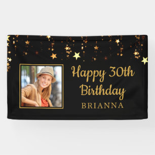 30th Birthday Black and Gold Stars Personalised Banner