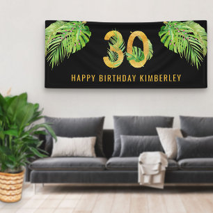 30th Birthday Black and Gold Tropical Leaves Party Banner