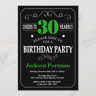 30th Birthday Black and Green Chalkboard Invitation