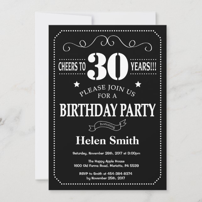 30th Birthday Black and White Chalkboard Invitation (Front)