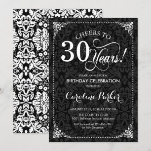 30th Birthday - Black and White Damask Invitation