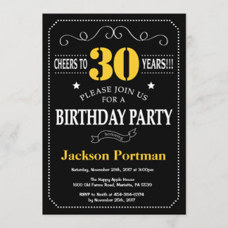 30th Birthday Black and Yellow Chalkboard Invitation