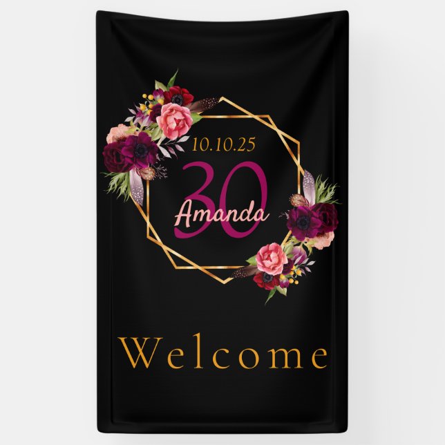 30th birthday black floral gold geometric burgundy banner (Vertical)