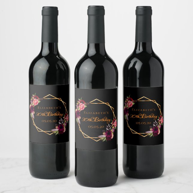 30th birthday black floral gold geometric burgundy wine label (Bottles)