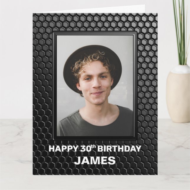 30th Birthday Black Geometric Pattern Custom Photo Card (Front)