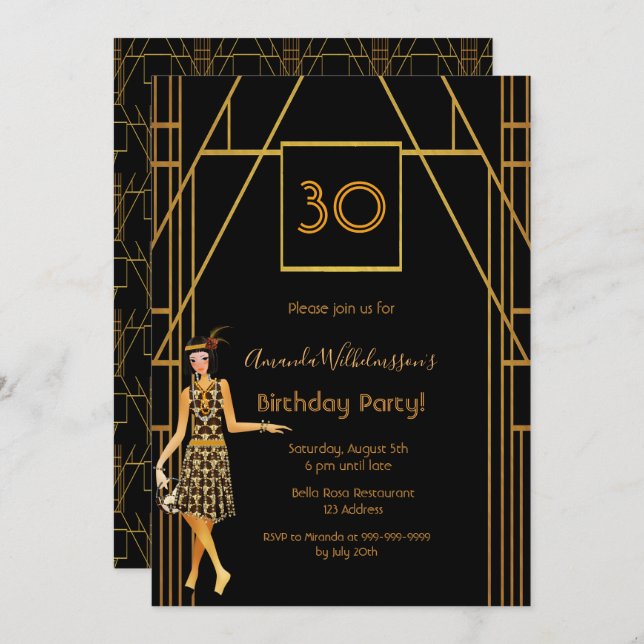 30th birthday black gold 1920's art deco invitation (Front/Back)