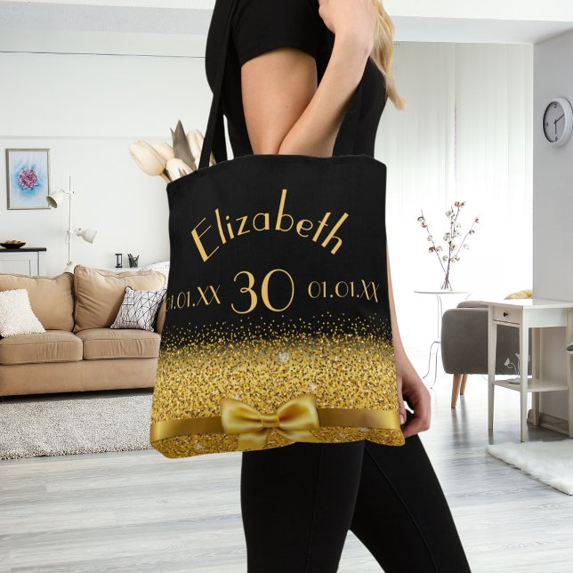 30th birthday black gold bow name tote bag (Creator Uploaded)