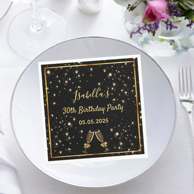 30th birthday black gold bubbles name napkin (Creator Uploaded)