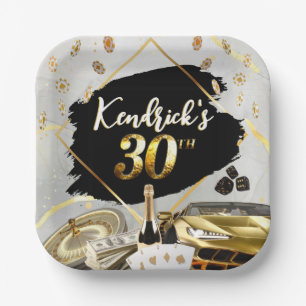 30th Birthday Black & Gold Casino, Luxury Car Napk Paper Plate