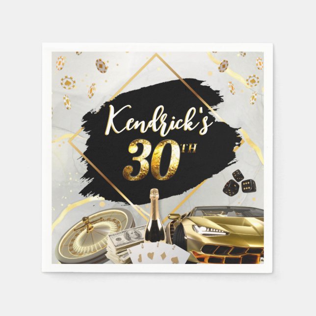 30th Birthday Black & Gold Casino, Luxury Car Napkin (Front)