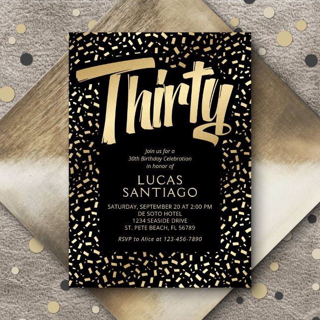 30th Birthday Black Gold Confetti Invitation (Creator Uploaded)