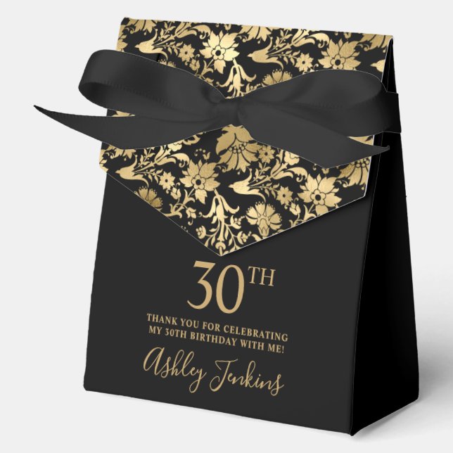 30th Birthday Black Gold Floral Thank You  Favour Box (Front)