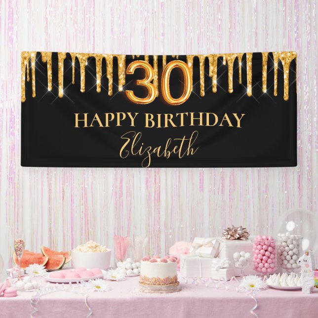 30th birthday black gold glitter drips welcome banner (Party)