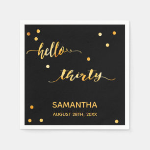 30th birthday black gold hello 30 name script napkin