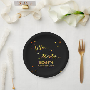 30th birthday black gold hello 30 script name paper plate