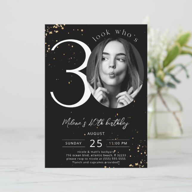 30th Birthday Black Gold Invitation with Photo (Standing Front)