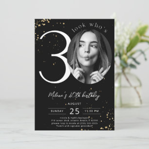 30th Birthday Black Gold Invitation with Photo