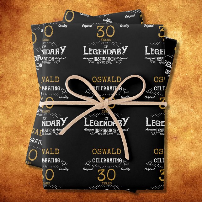 30th Birthday Black Gold  Legendary Retro Wrapping Paper Sheet (30th Birthday Black Gold Legendary Retro Wrapping Paper Sheets)
