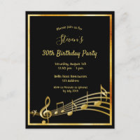 30th birthday black gold music notes invitation