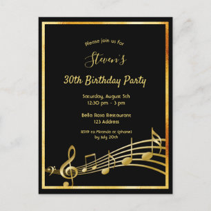 30th birthday black gold music notes invitation postcard