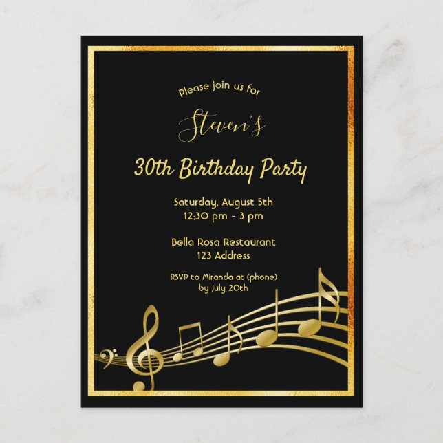 30th birthday black gold music notes invitation postcard (Front)