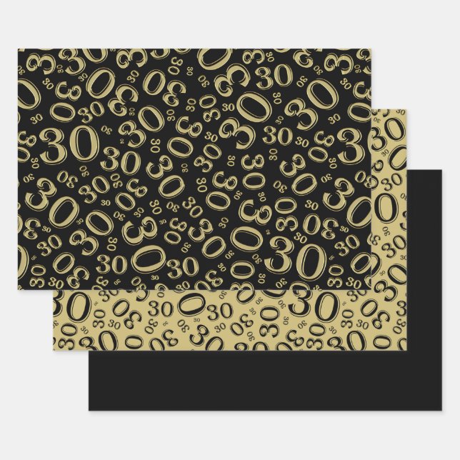 30th Birthday Black & Gold Number Pattern 30 Wrapping Paper Sheet (Set)