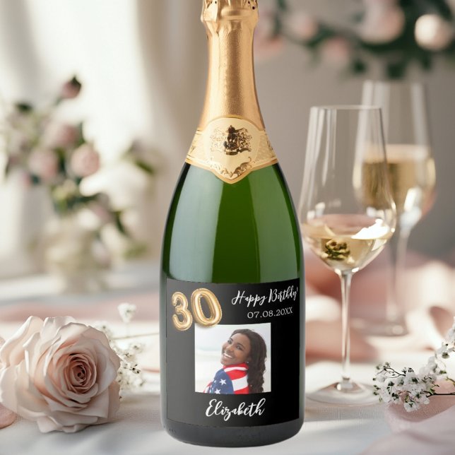 30th Birthday black gold photo Sparkling Wine Label (Creator Uploaded)