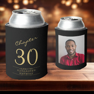 30th Birthday Black Gold Photo Template Can Cooler