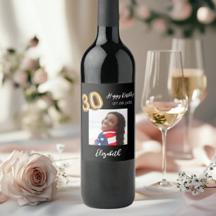 30th Birthday black gold photo Wine Label