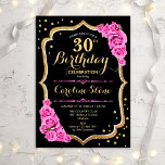 30th Birthday - Black Gold Pink Invitation<br><div class="desc">Rustic 30th Birthday Invitation. Elegant design in black gold and pink. Features stylish script font,  pink roses,  faux glitter gold and confetti. Perfect for a glam birthday party. Customise with your own details.</div>