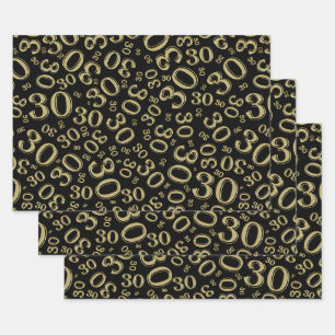 30th Birthday Black & Gold Random Number Pattern Wrapping Paper Sheet