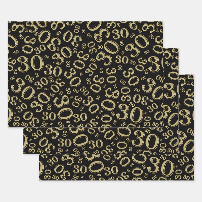 30th Birthday Black & Gold Random Number Pattern Wrapping Paper Sheet (Set)