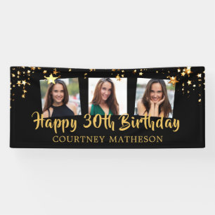 30th Birthday Black Gold Stars Photo Personalised Banner