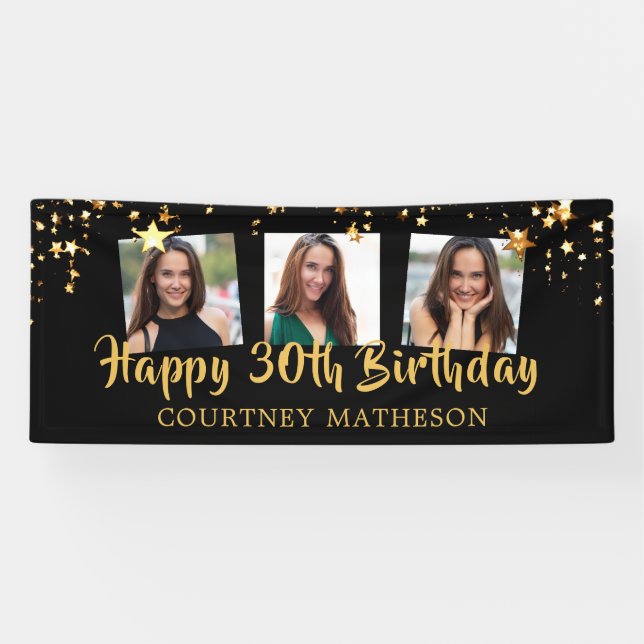 30th Birthday Black Gold Stars Photo Personalised Banner (Horizontal)